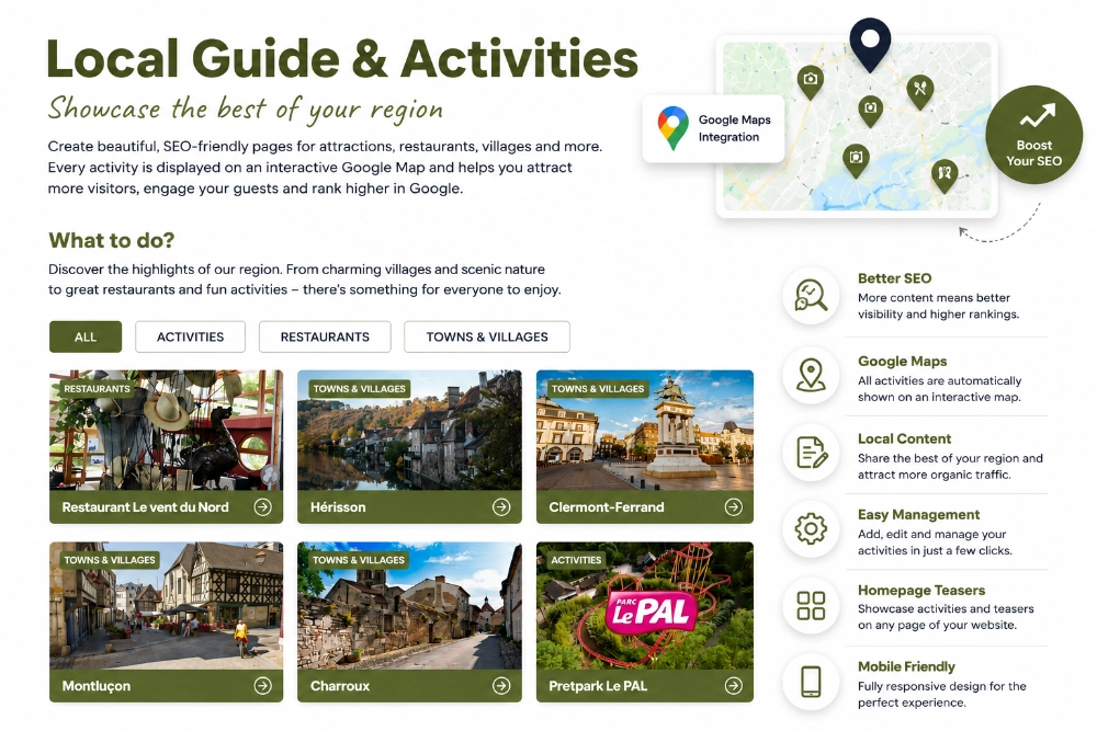 Example of the OnlineNow Local Guide and Activities Module with an interactive map