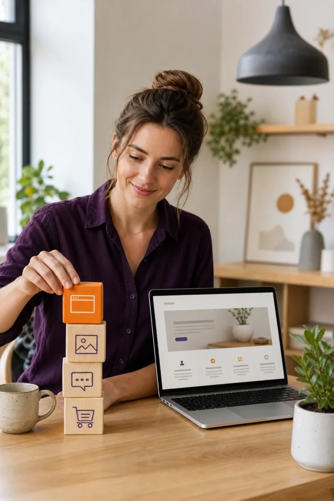 Small-business owner adding modular website features beside a laptop